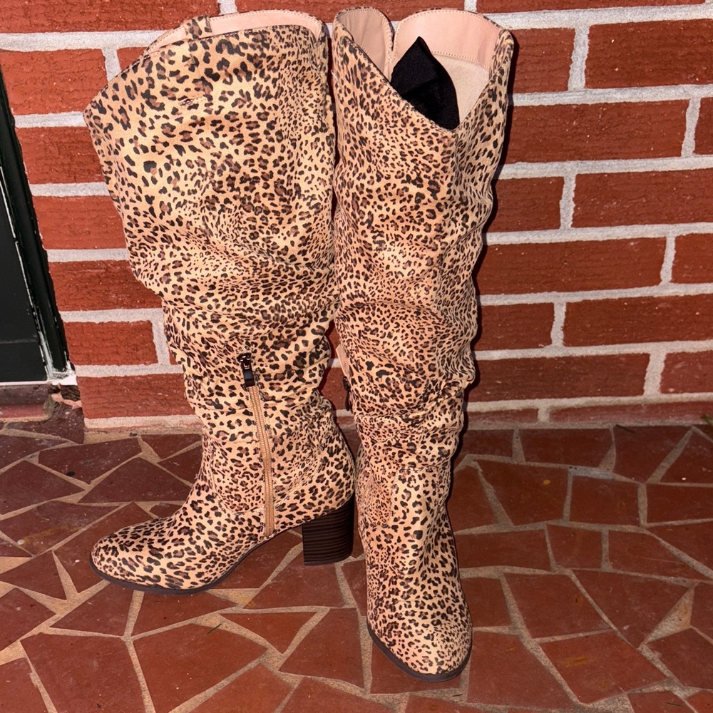 Leopard Print Slouch Knee High Boots Size 8.5 Western Boho Festival - Picture 3 of 8